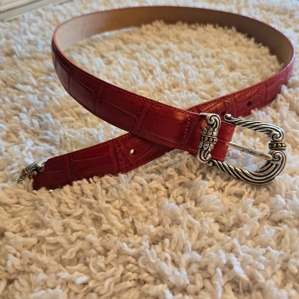 Brighton Red Leather Croc Embossed Belt Silver with Gold Accent Hardware Medium - Picture 2 of 6